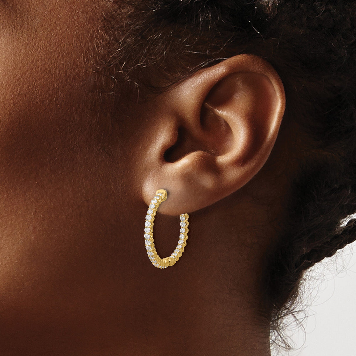 14k Yellow Gold Hoop Earrings with Diamond Cut Finish and Prong Set Cubic Zirconia