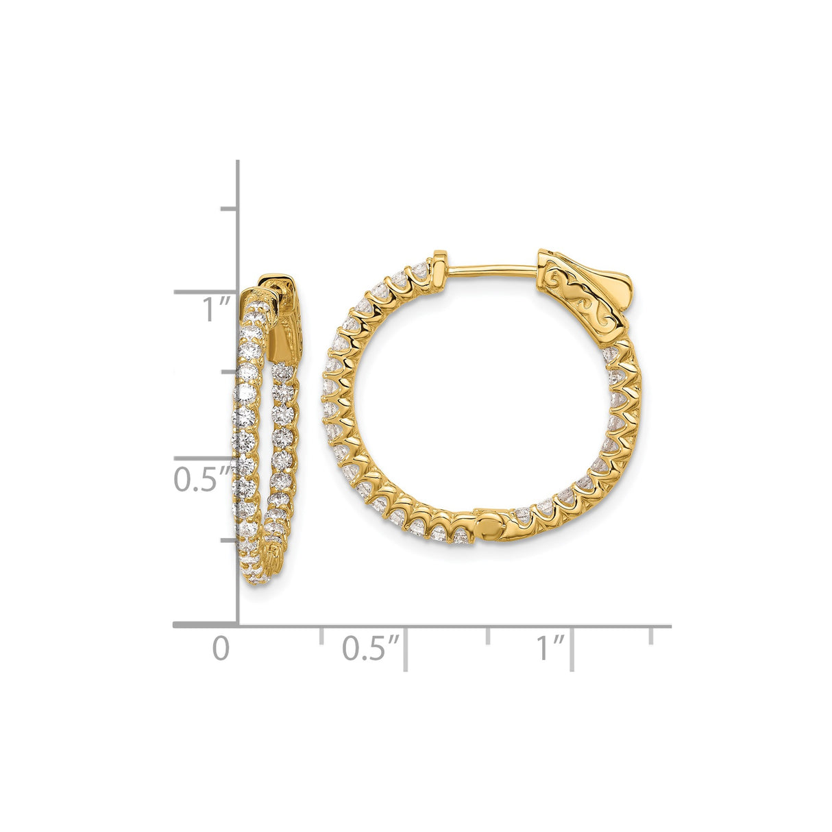 14k Yellow Gold Hoop Earrings with Diamond Cut Finish and Prong Set Cubic Zirconia