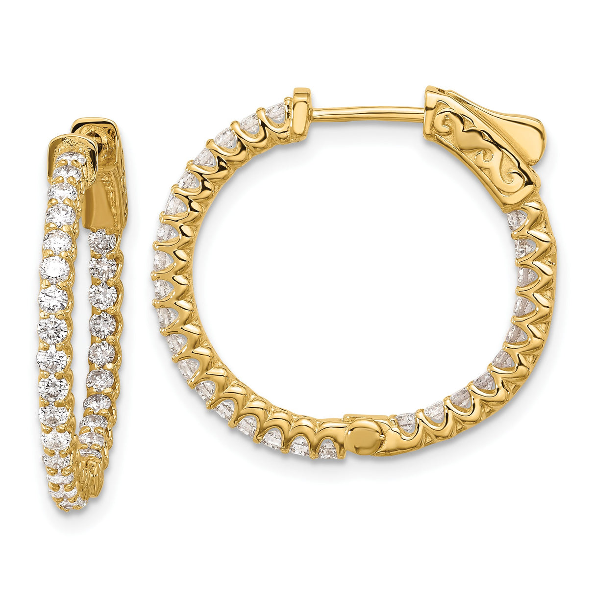 14k Yellow Gold Hoop Earrings with Diamond Cut Finish and Prong Set Cubic Zirconia