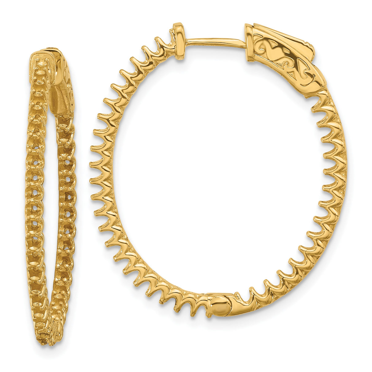 14k Yellow Gold Hoop Earrings with Diamond Accent, Zigzag Textured Design, Medium Oval Shape