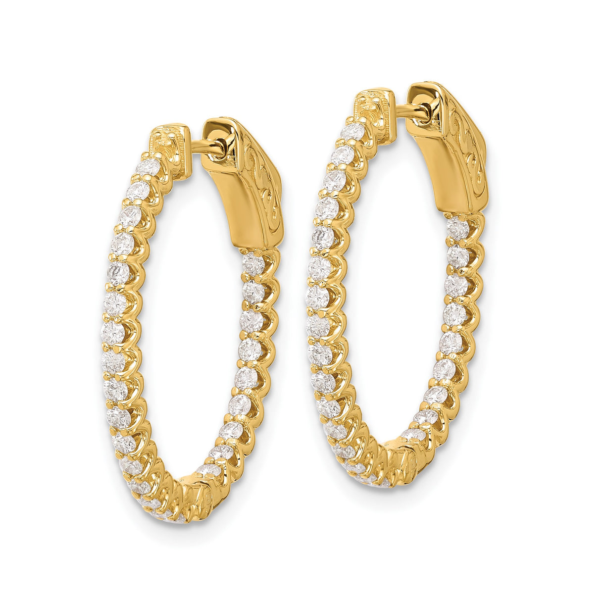 14k Yellow Gold Hoop Earrings with Round Cut Diamonds, Scrollwork Clasp Design