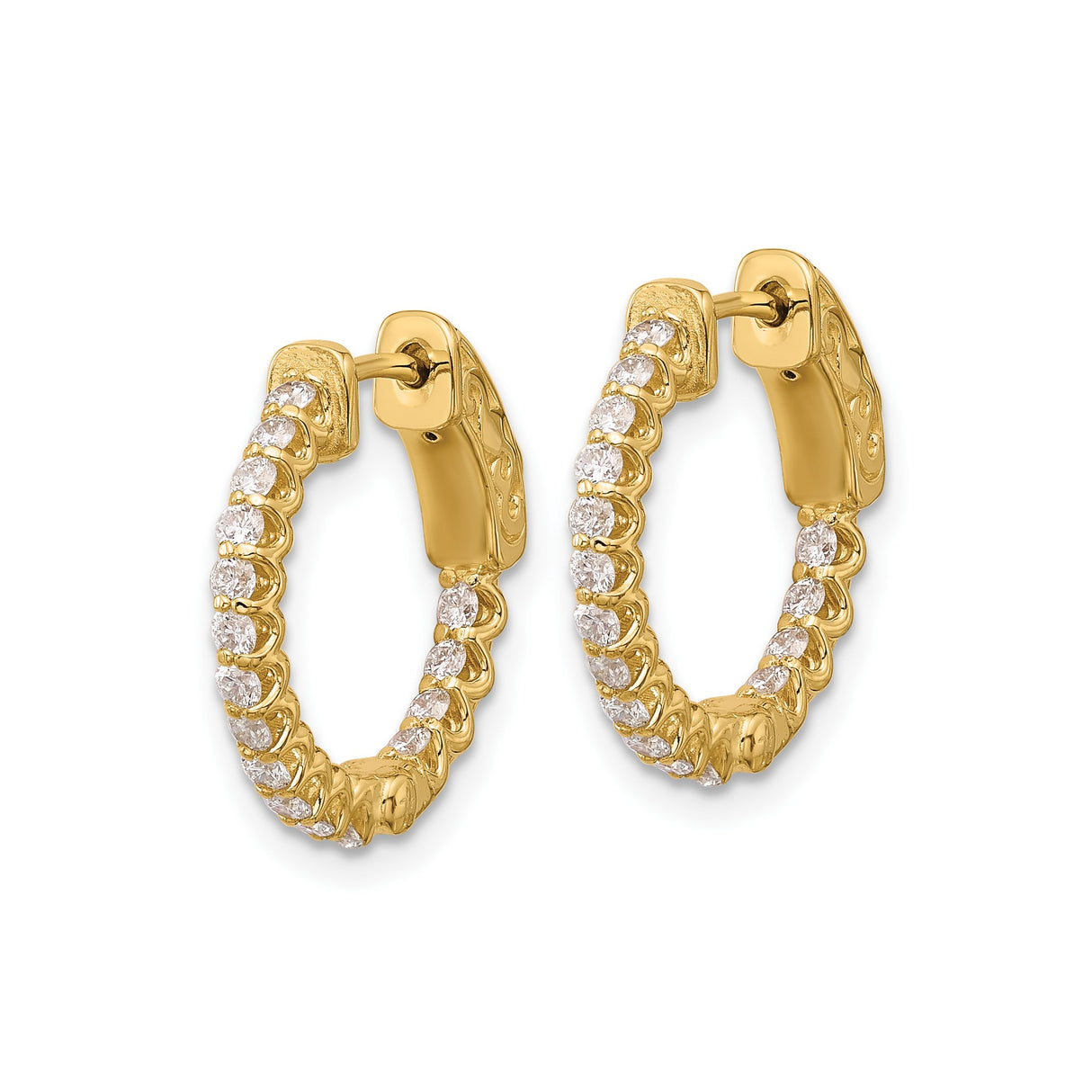 14k Yellow Gold Hoop Earrings with Round Cut Diamonds, Inside Out Scroll Design