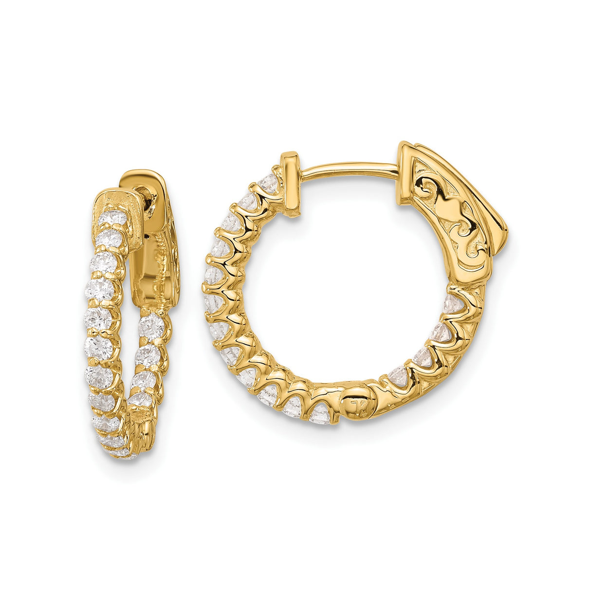 14k Yellow Gold Hoop Earrings with Round Cut Cubic Zirconia, Inside Out Scroll Design