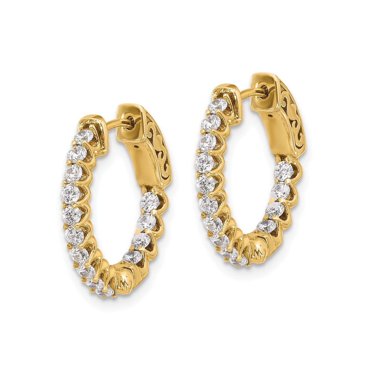 14k Yellow Gold Hoop Earrings with Round Cut Diamonds, Scroll Detail