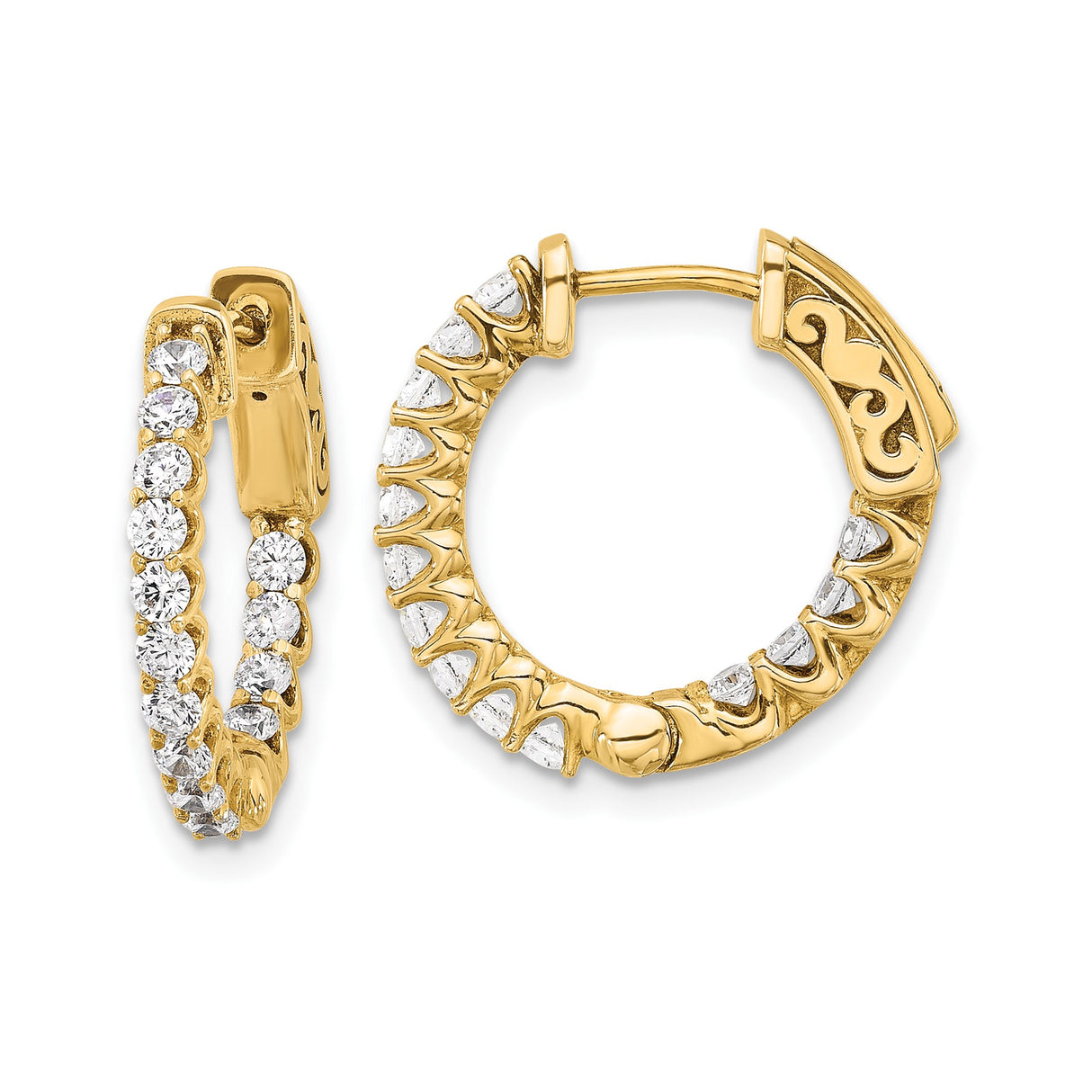 14k Yellow Gold Hoop Earrings with Round Cut Cubic Zirconia, Scroll Detail