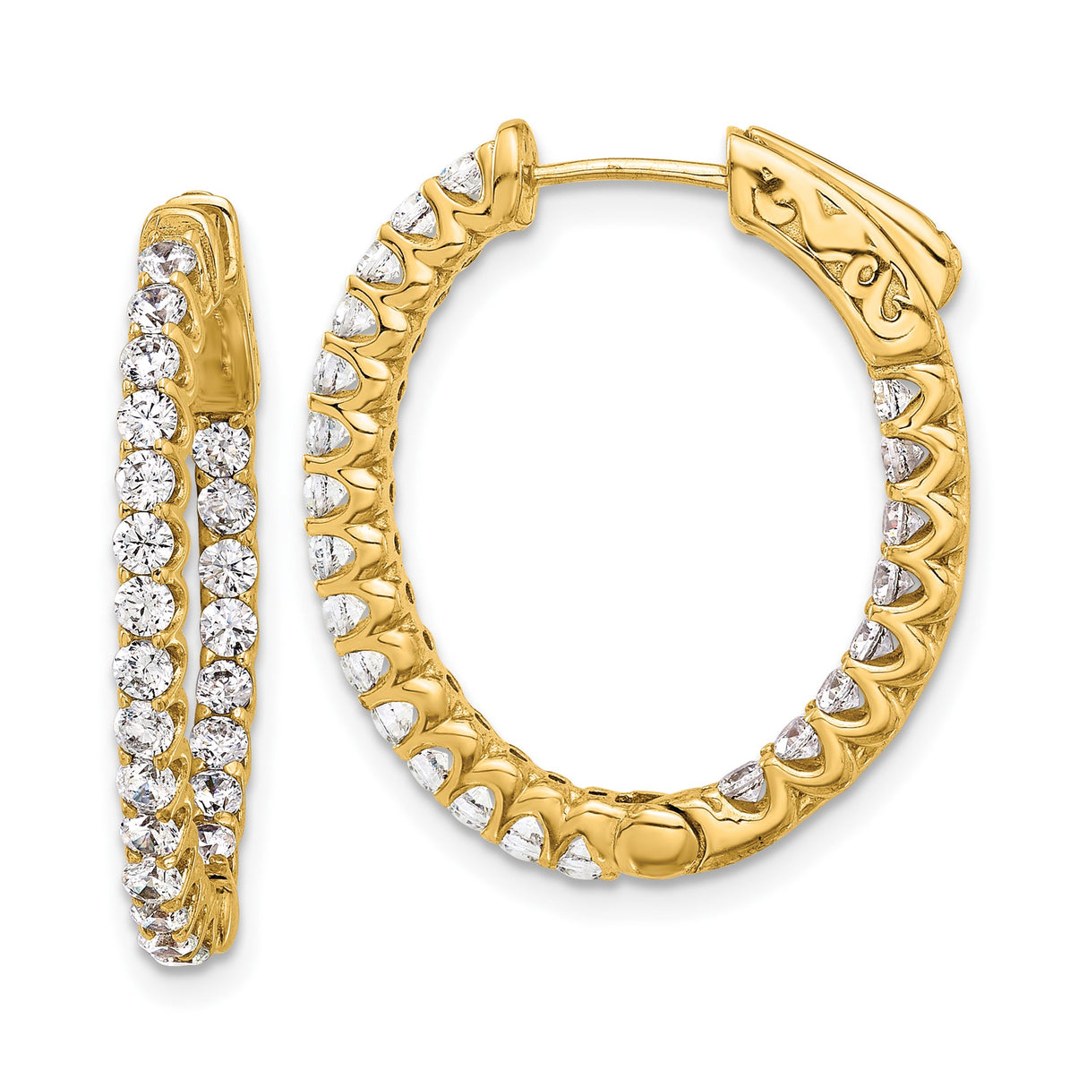 14k Yellow Gold Hoop Earrings with Cubic Zirconia, Filigree Detailing, Classic Design for Women