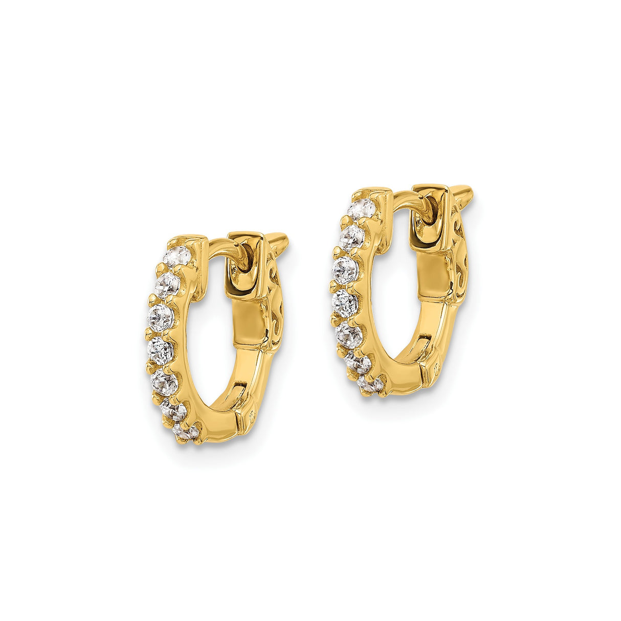 14k Yellow Gold Hoop Earrings with Diamonds, Scroll Design, High Polish Finish
