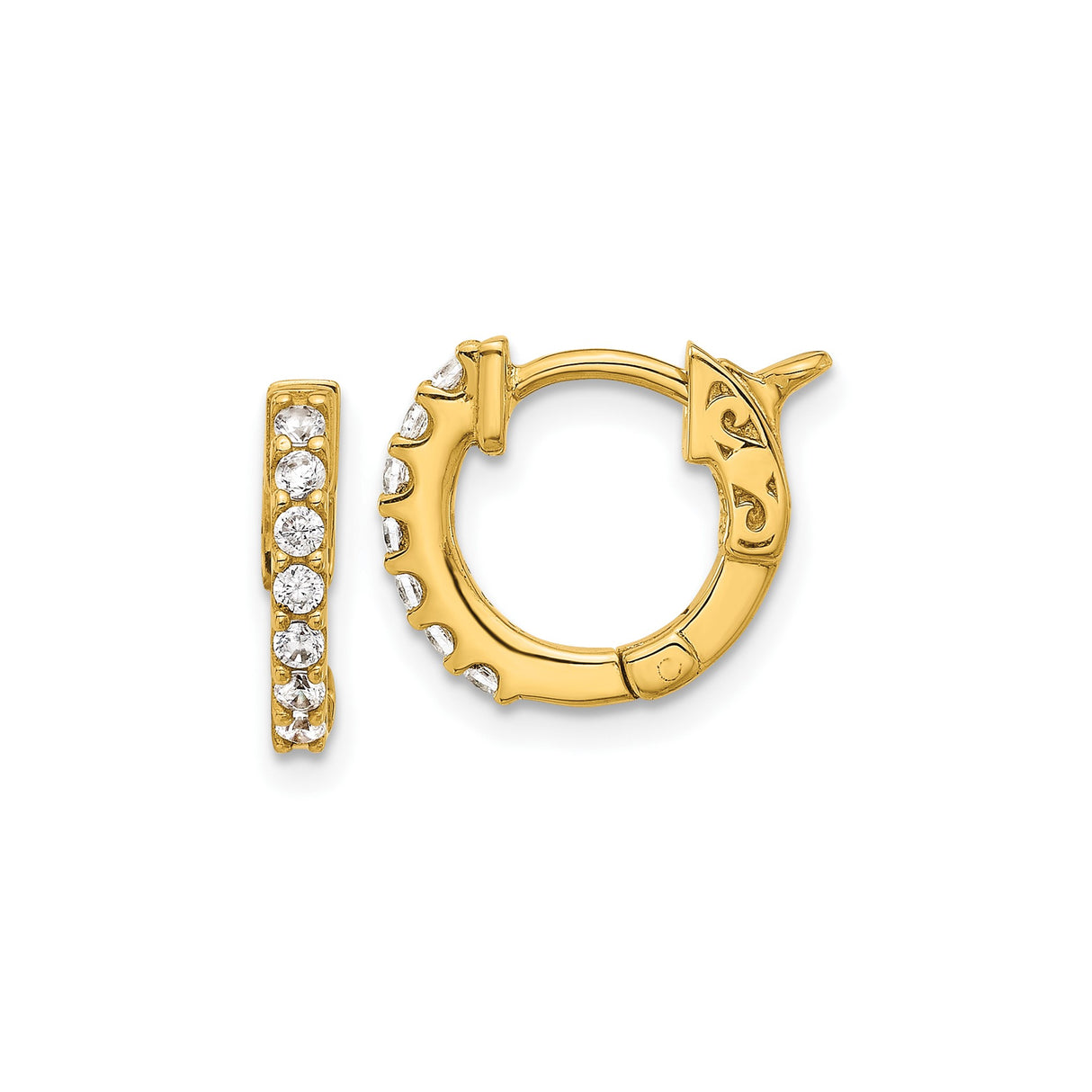 14k Yellow Gold Hoop Earrings with Cubic Zirconia, Scroll Design, High Polish Finish