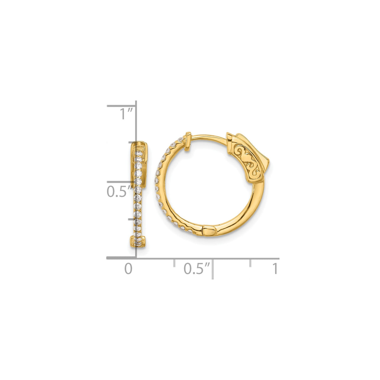 14k Yellow Gold Hoop Earrings with Diamond Accents, Ornate Scroll Design, Hinged Style