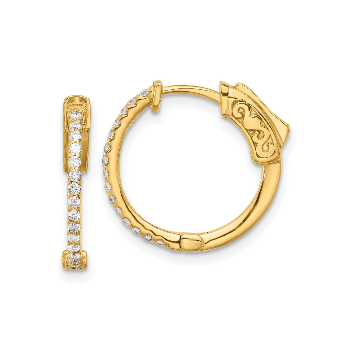 14k Yellow Gold Hoop Earrings with Diamond Accents, Ornate Scroll Design, Hinged Style
