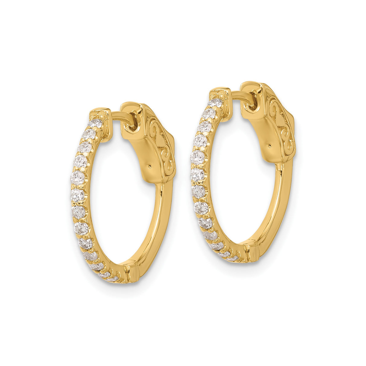 14k Yellow Gold Hoop Earrings with Round White Diamonds, Scroll Back Hinge Design