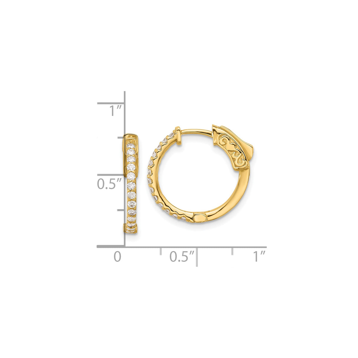 14k Yellow Gold Hoop Earrings with Round White Diamonds, Scroll Back Hinge Design