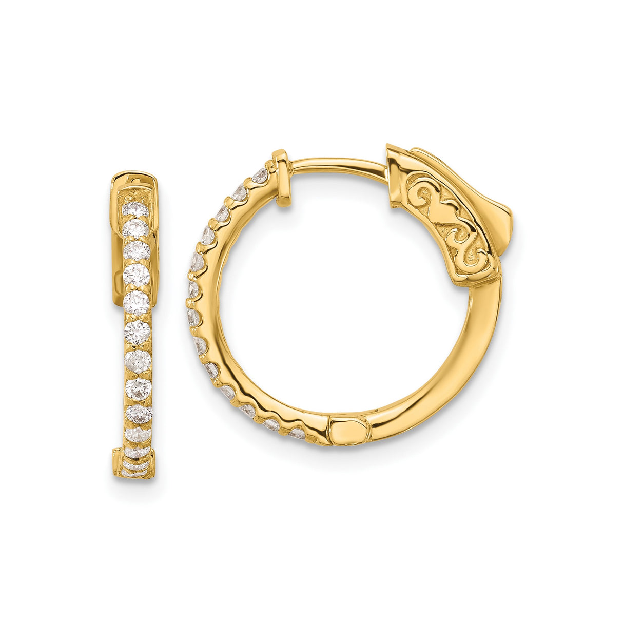 14k Yellow Gold Hoop Earrings with Round White Diamonds, Scroll Back Hinge Design
