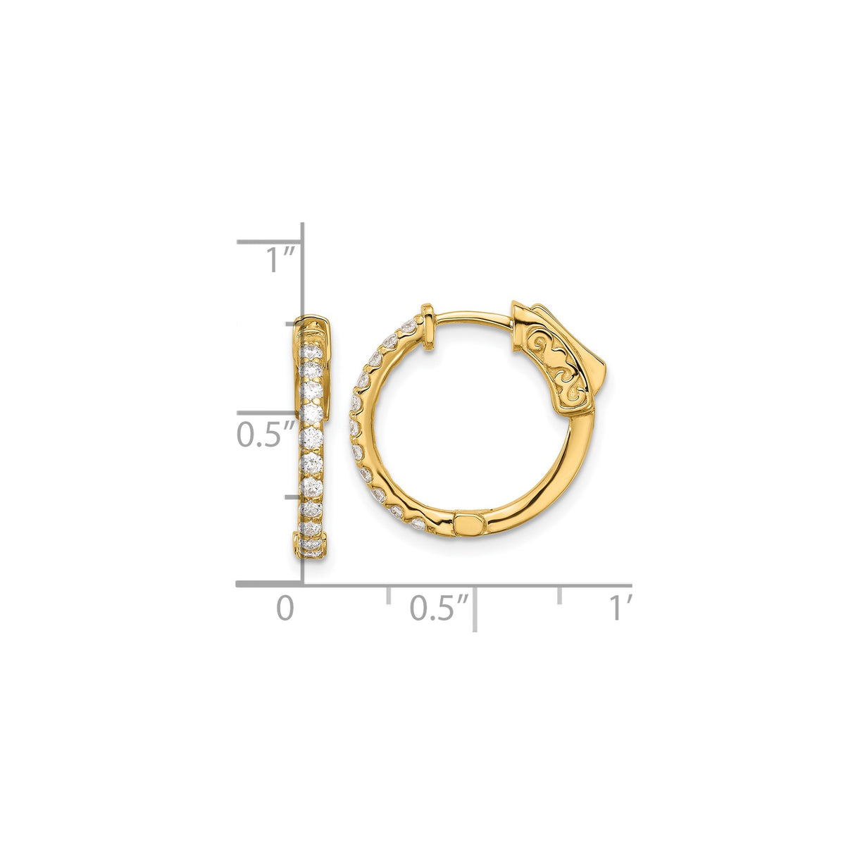 14k Yellow Gold Hoop Earrings with Round Cut Diamond in Channel Setting, Scroll Latch Back Design