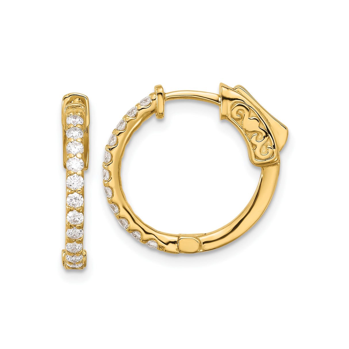 14k Yellow Gold Hoop Earrings with Round Cut Diamond in Channel Setting, Scroll Latch Back Design
