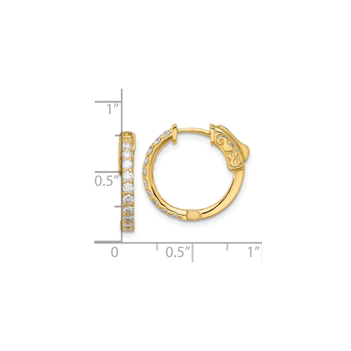 14k Yellow Gold Hoop Earrings with Round Cut Diamonds, Channel Setting and Scroll Design