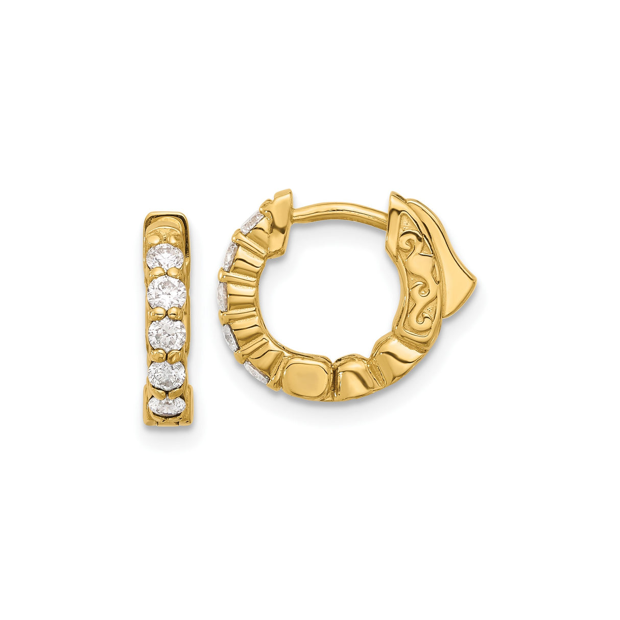 14k Yellow Gold Hoop Earrings with Diamond Accents, Intricate Scroll Design