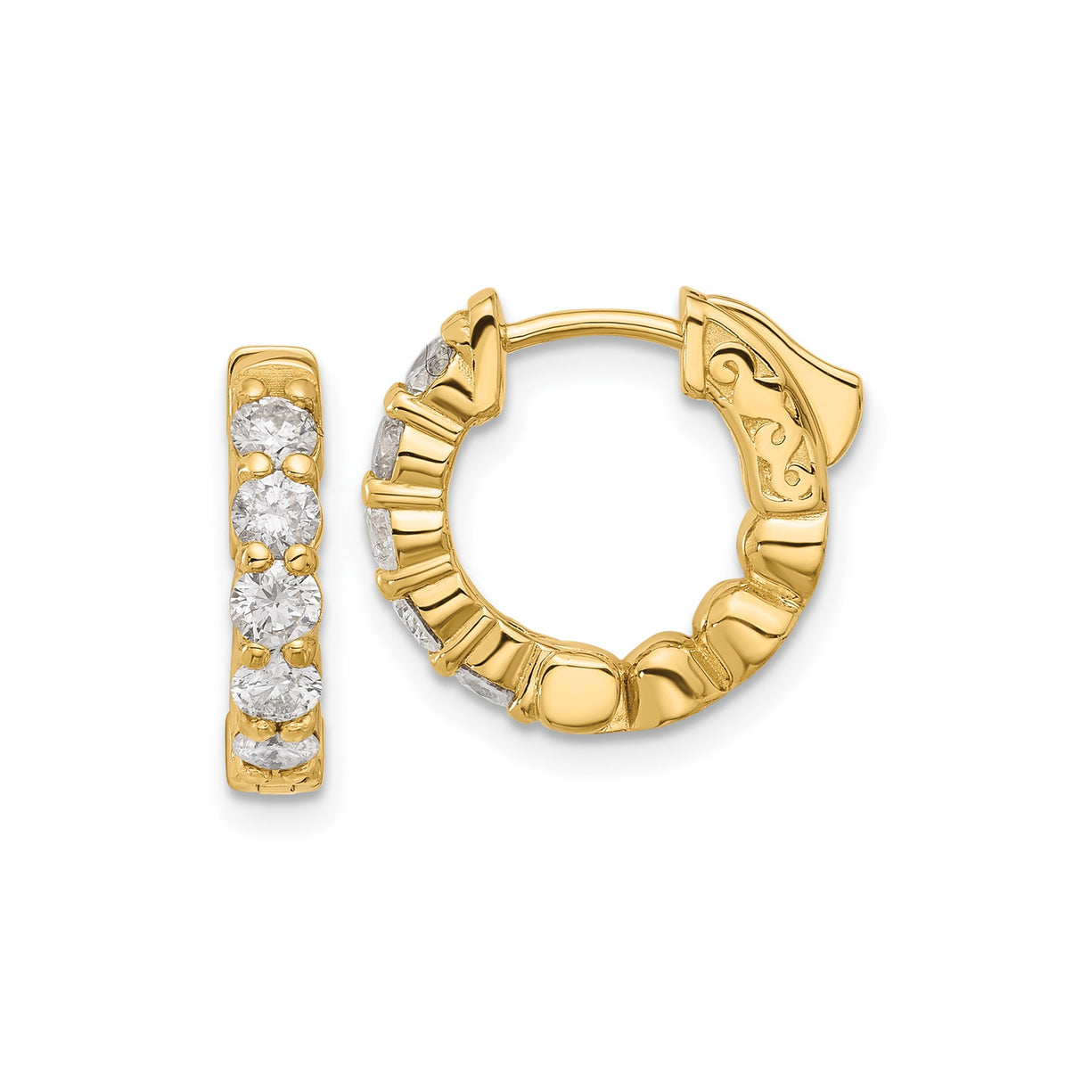 14k Yellow Gold Hoop Earrings with Diamond Accents, Prong Setting, Ornate Clasp Detail