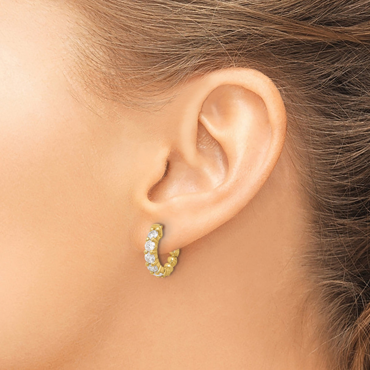 14k Yellow Gold Hoop Earrings with Diamonds, Classic Round Prong-Set Design for Women