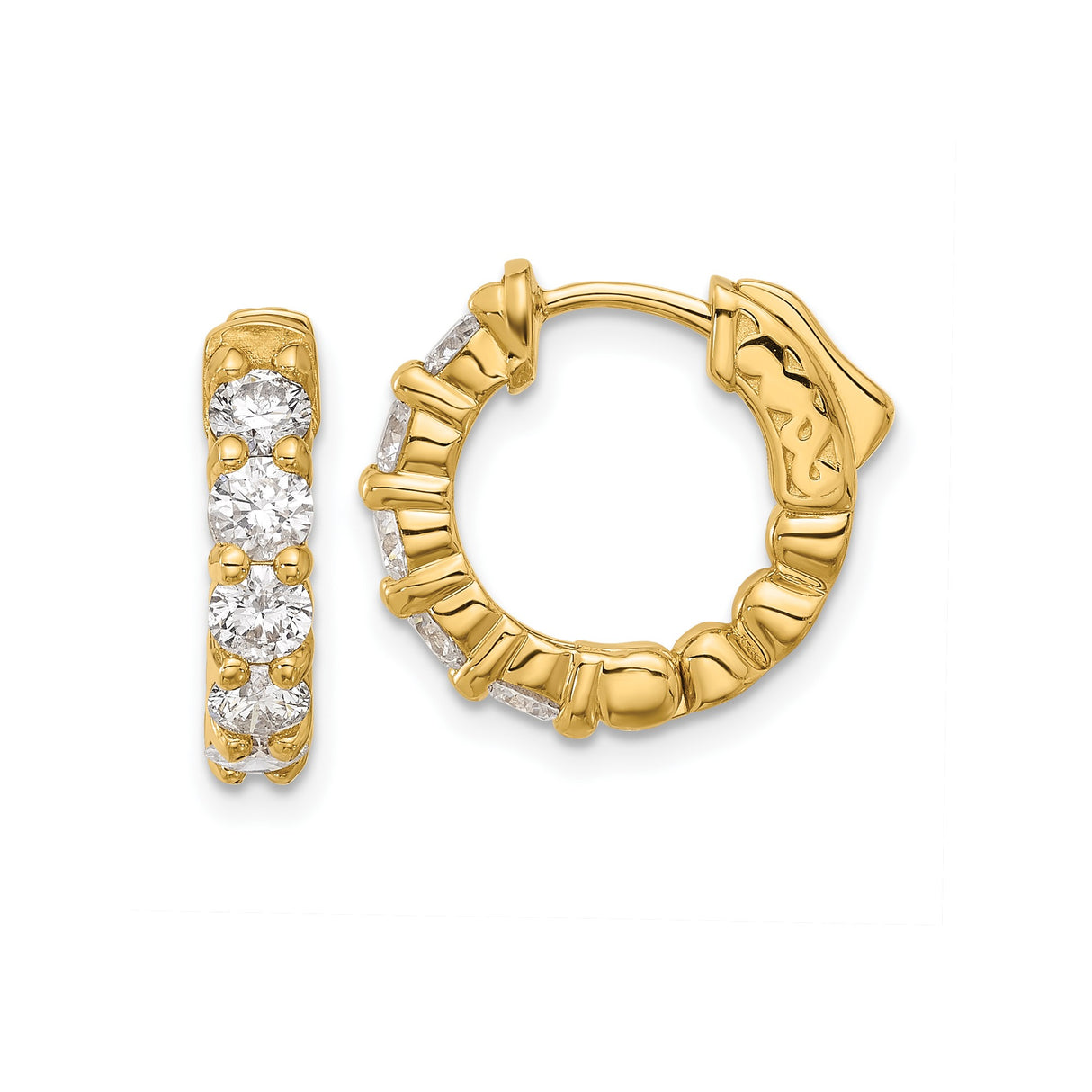 14k Yellow Gold Hoop Earrings with Cubic Zirconia, Classic Round Prong-Set Design for Women