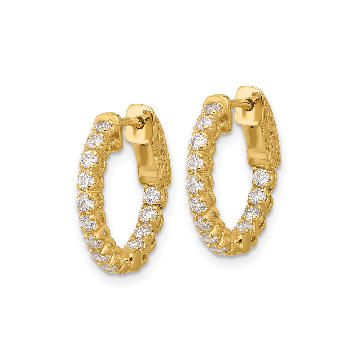 14k Yellow Gold Hoop Earrings with Diamonds, Shared Prong Setting, Filigree Clasp