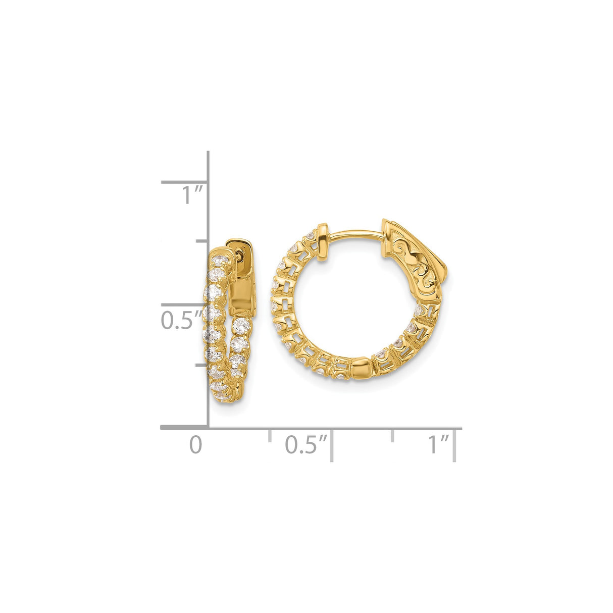 14k Yellow Gold Hoop Earrings with Diamonds, Shared Prong Setting, Filigree Clasp