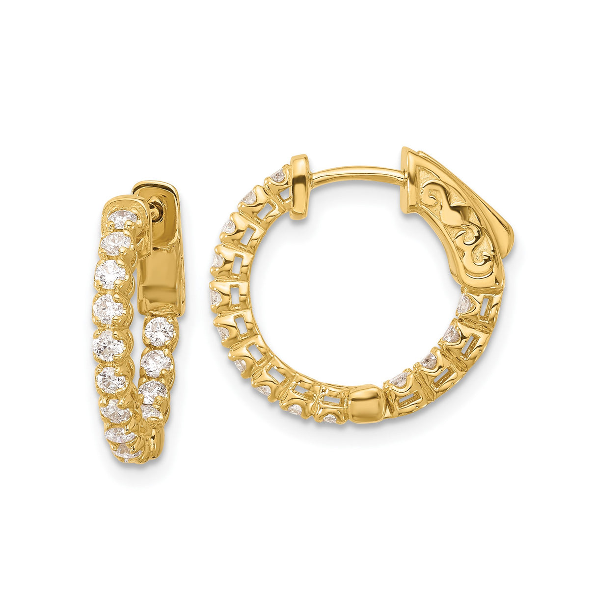 14k Yellow Gold Hoop Earrings with Cubic Zirconia, Shared Prong Setting, Filigree Clasp
