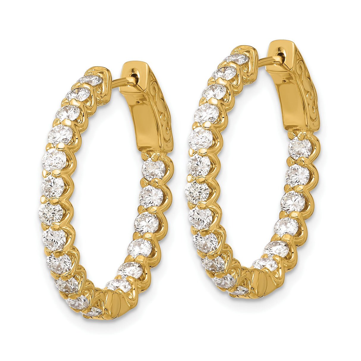 14k Yellow Gold Hoop Earrings with Double Row Diamonds, Prong Set Oval Design for Women