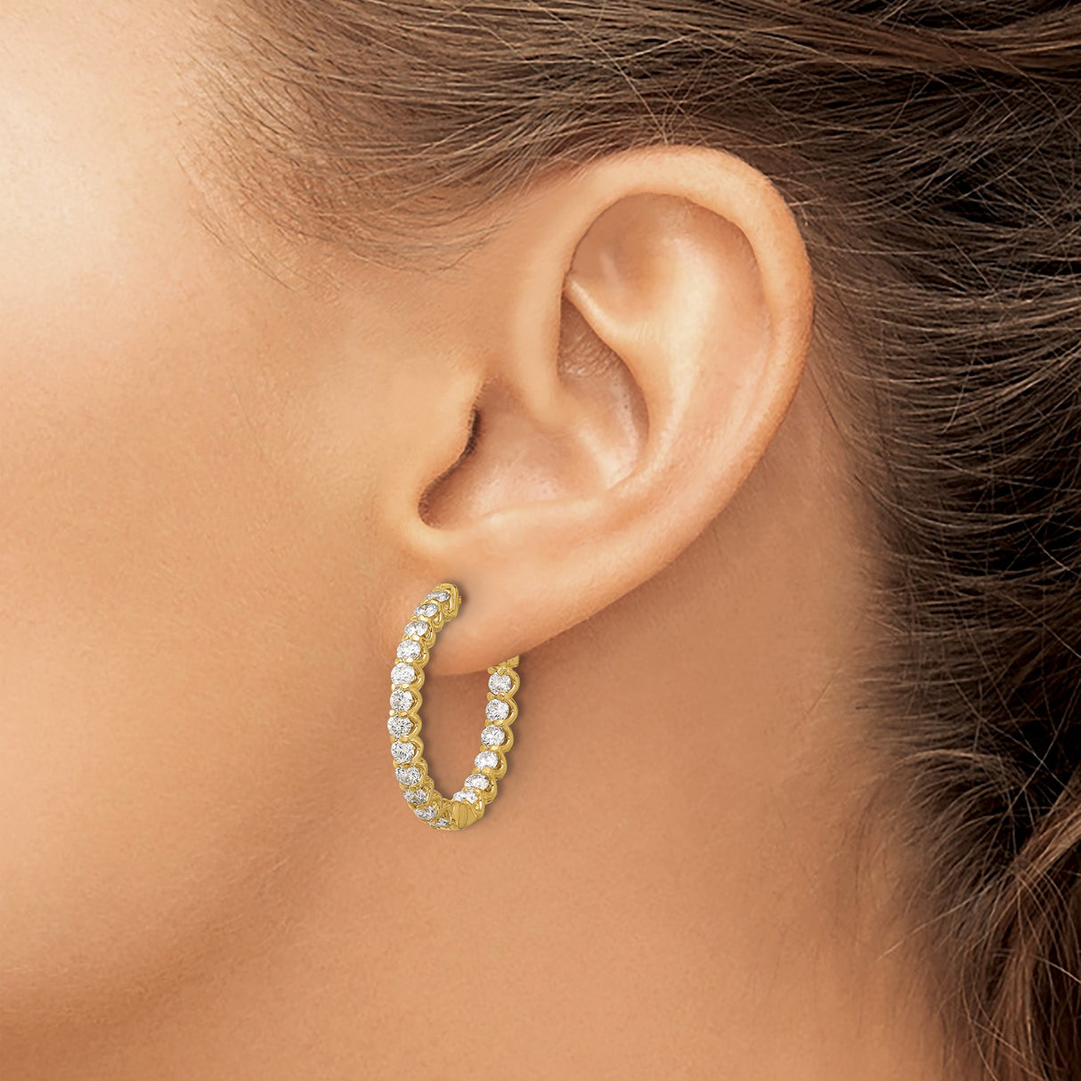 14k Yellow Gold Hoop Earrings with Double Row Diamonds, Prong Set Oval Design for Women