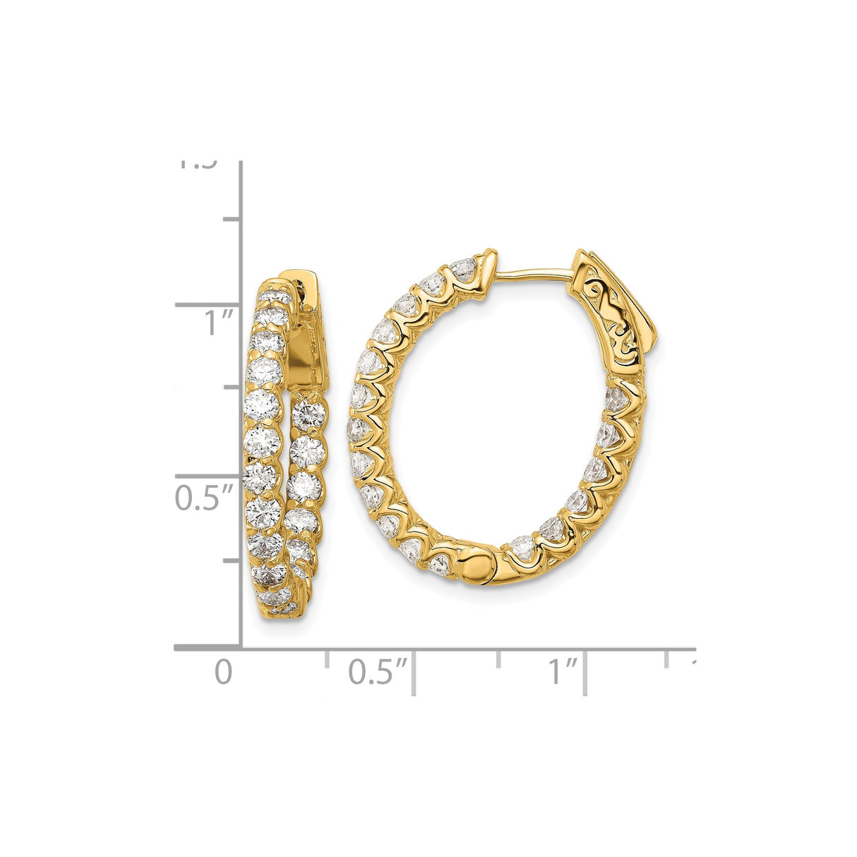 14k Yellow Gold Hoop Earrings with Double Row Diamonds, Prong Set Oval Design for Women