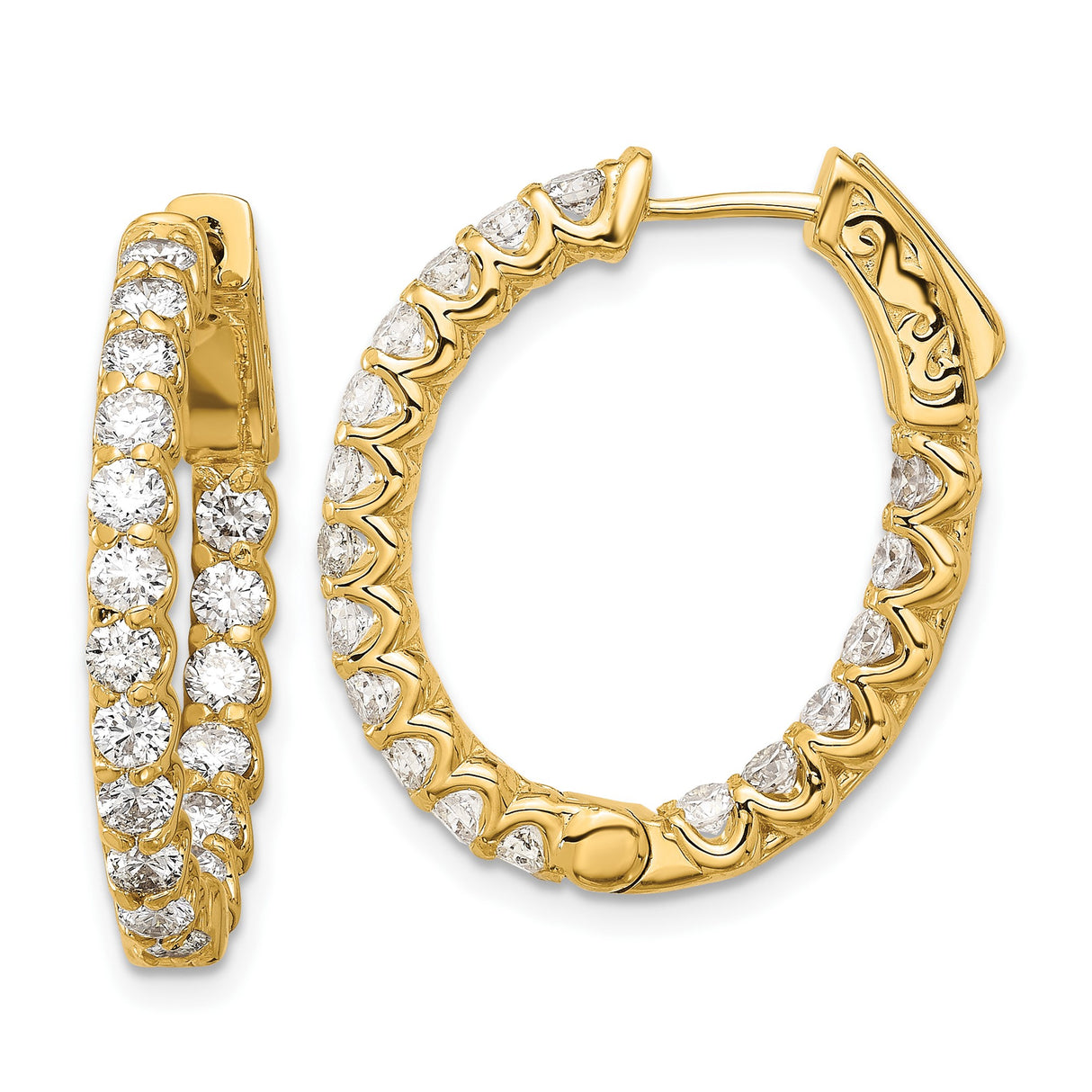 14k Yellow Gold Hoop Earrings with Double Row Cubic Zirconia, Prong Set Oval Design for Women
