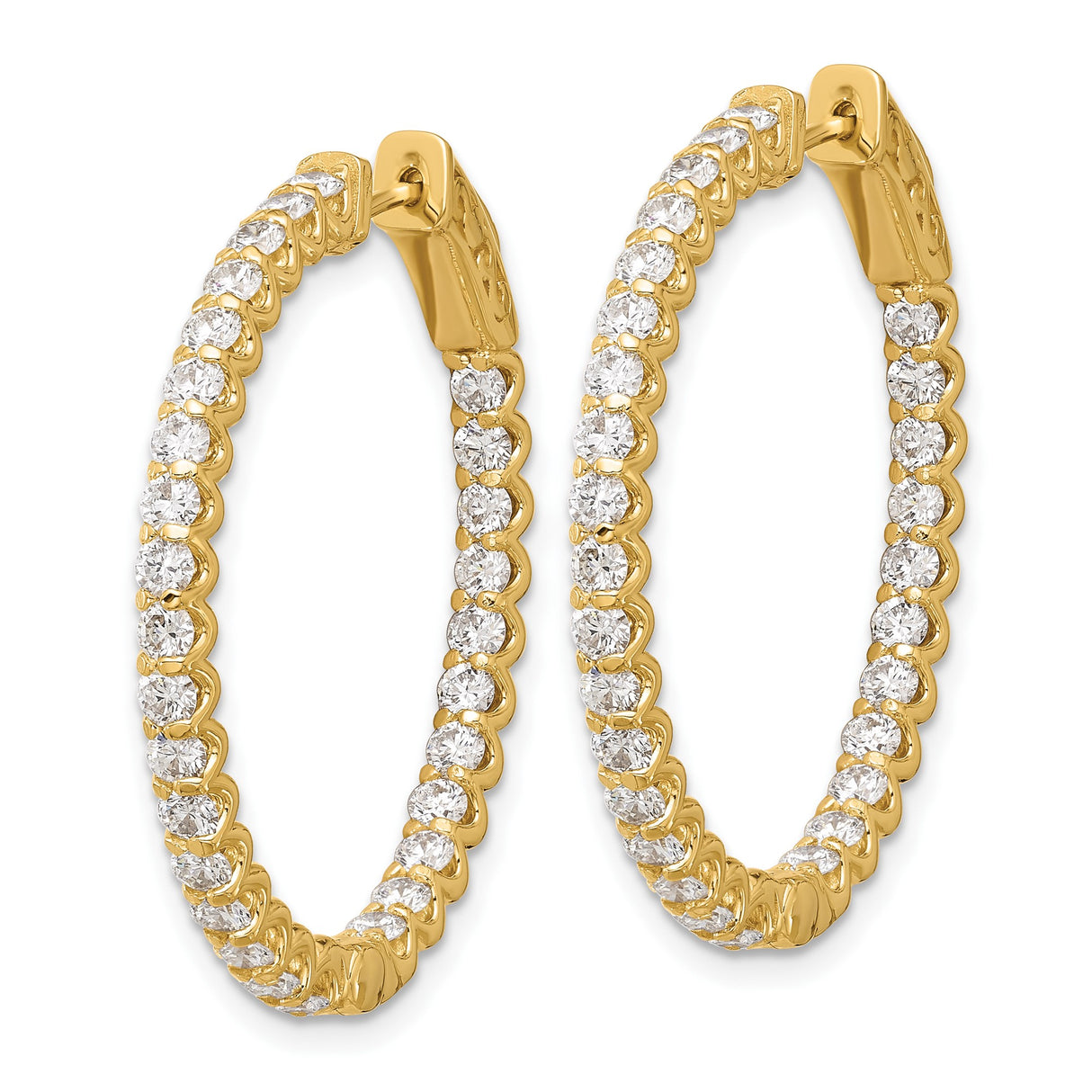 14k Yellow Gold Oval Inside-Out Hoop Earrings with Diamonds, Prong Set Statement Jewelry