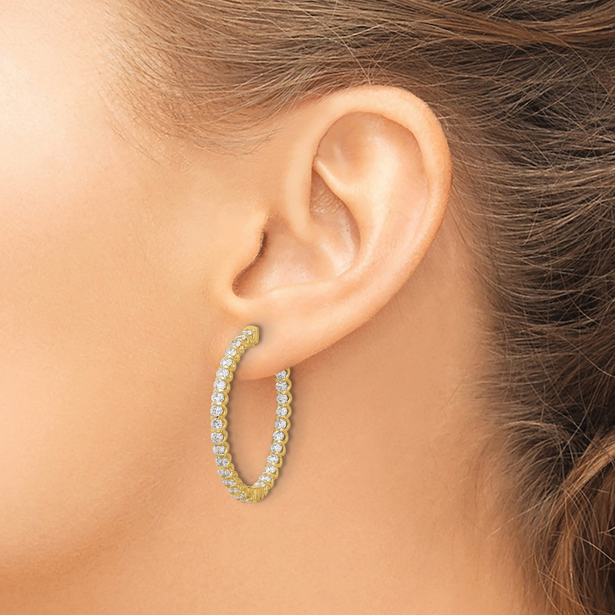 14k Yellow Gold Oval Inside-Out Hoop Earrings with Diamonds, Prong Set Statement Jewelry