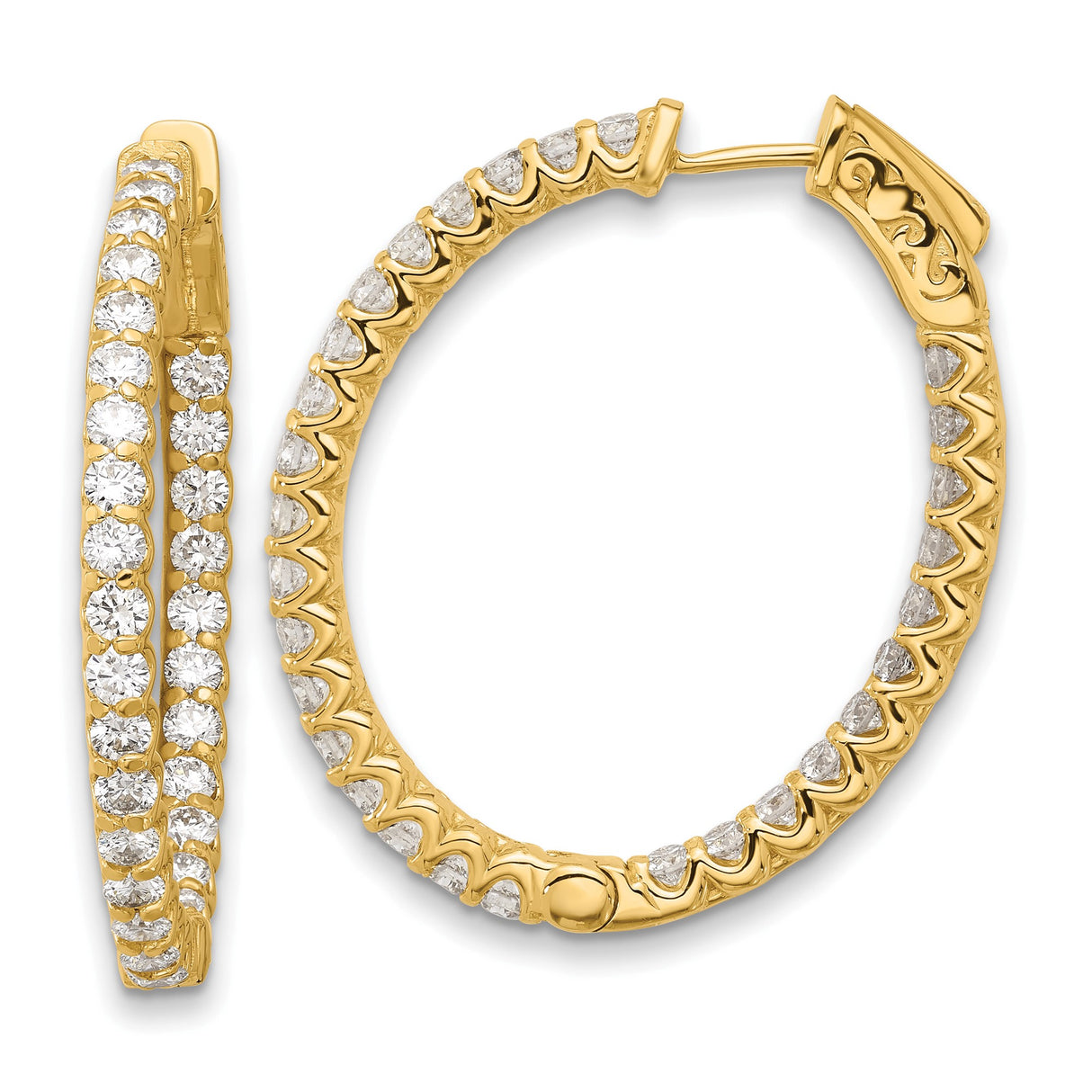 14k Yellow Gold Oval Inside-Out Hoop Earrings with Cubic Zirconia, Prong Set Statement Jewelry