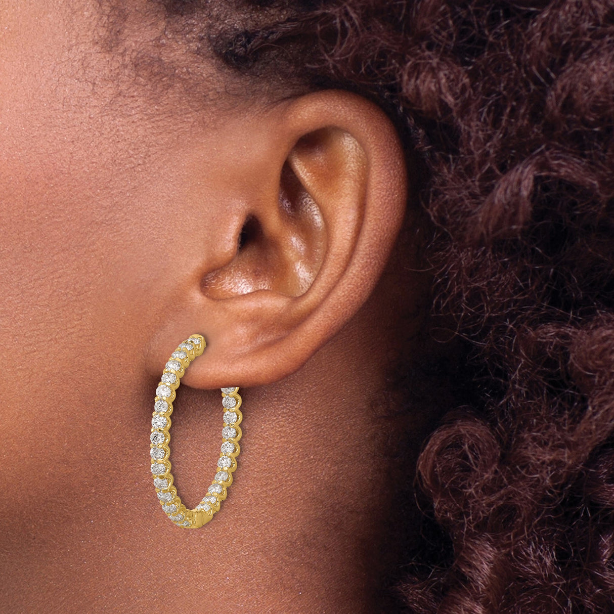 14k Yellow Gold Hoop Earrings with Round Cut Diamonds, Inside-Out Oval Design for Women