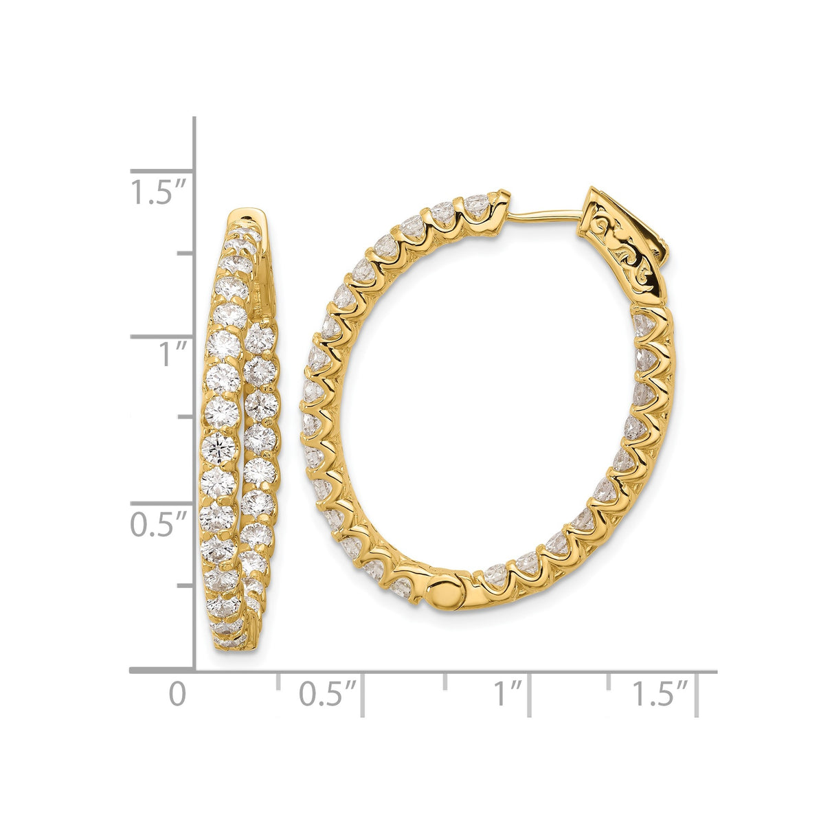 14k Yellow Gold Hoop Earrings with Round Cut Diamonds, Inside-Out Oval Design for Women