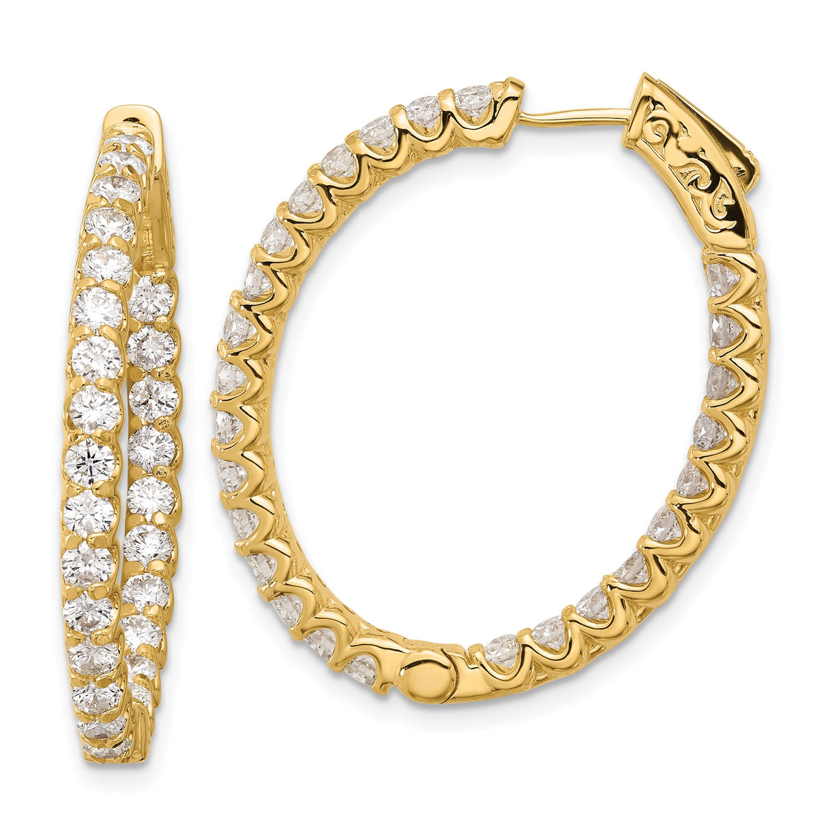 14k Yellow Gold Hoop Earrings with Round Cut Diamonds, Inside-Out Oval Design for Women