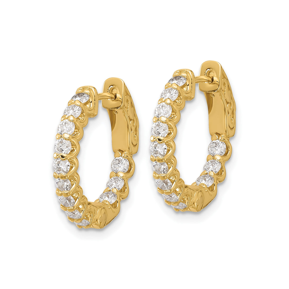 14k Yellow Gold Hoop Earrings with Round Cut Diamond Accents, Scroll Detail, Formal Style