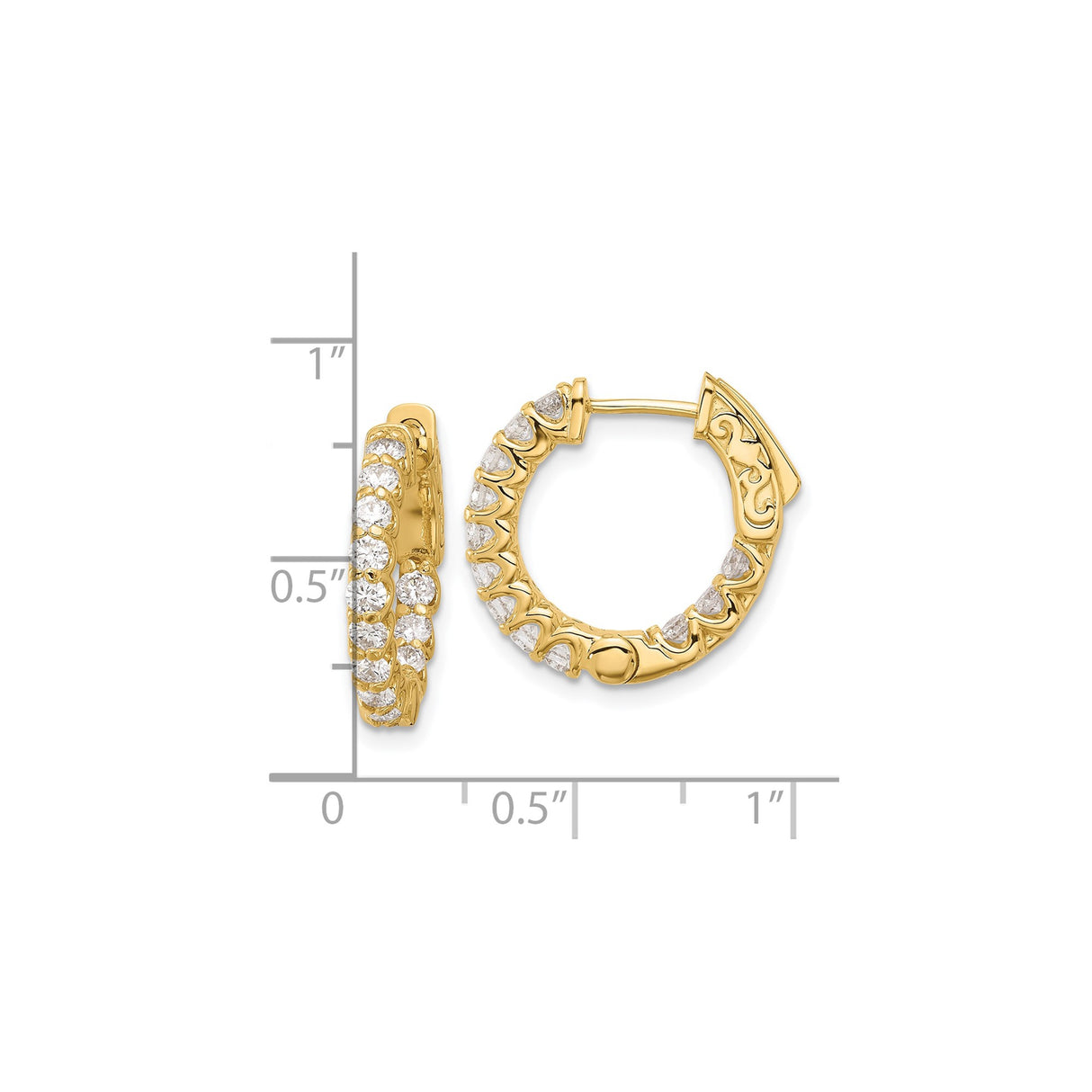 14k Yellow Gold Hoop Earrings with Round Cut Diamond Accents, Scroll Detail, Formal Style