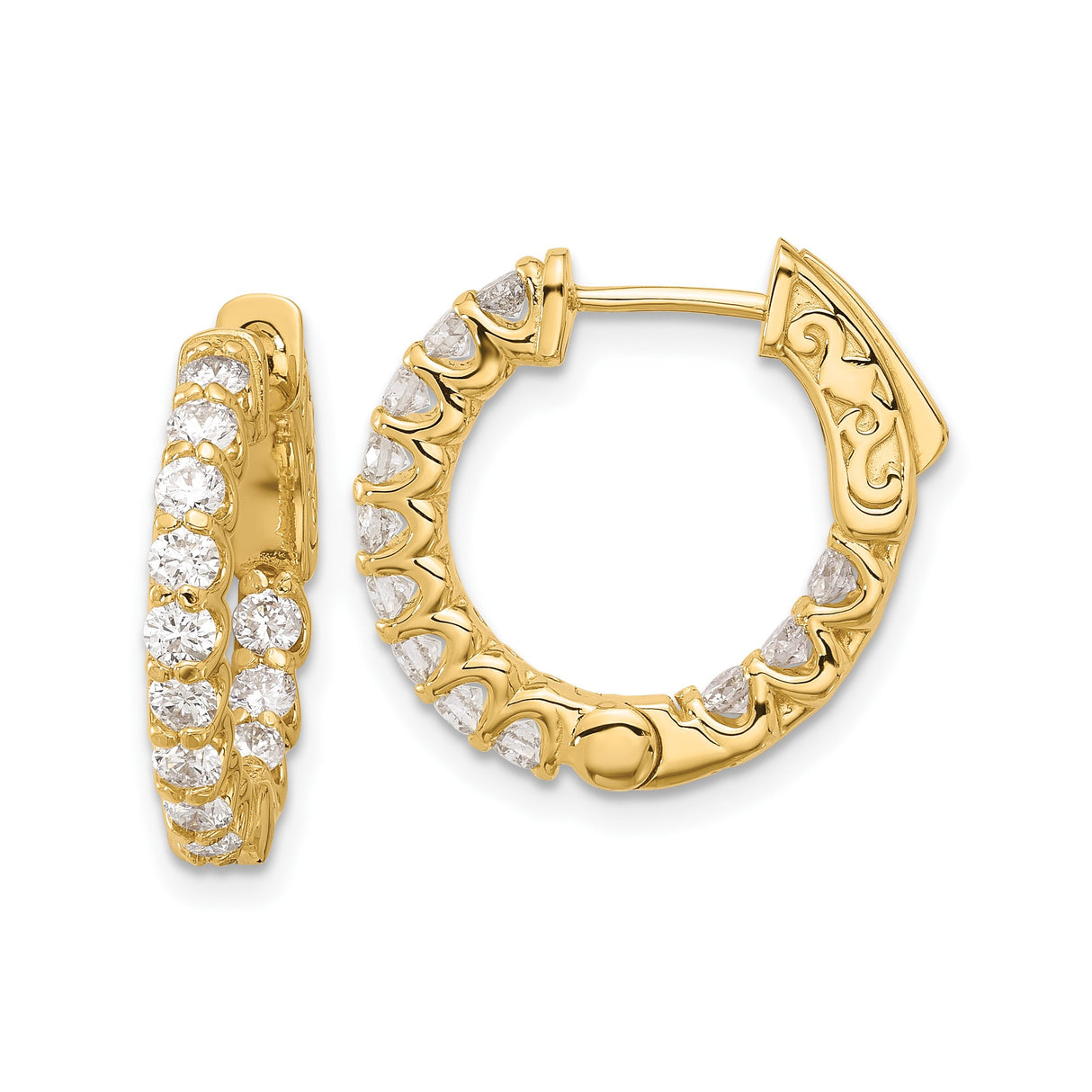 14k Yellow Gold Hoop Earrings with Round Cut Diamond Accents, Scroll Detail, Formal Style