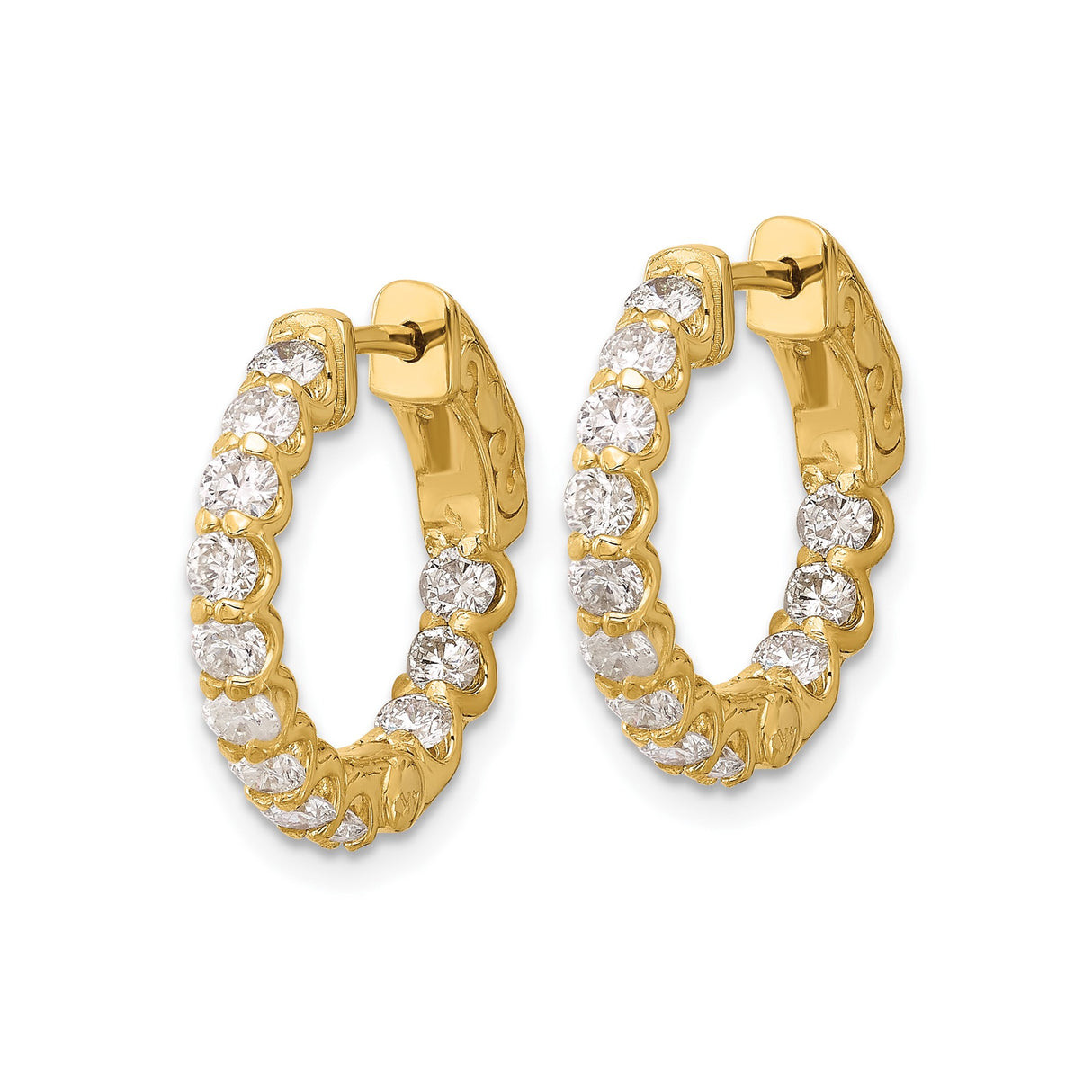 14k Yellow Gold Hoop Earrings with Round-Cut Diamonds, Shared Prong, Scroll Design