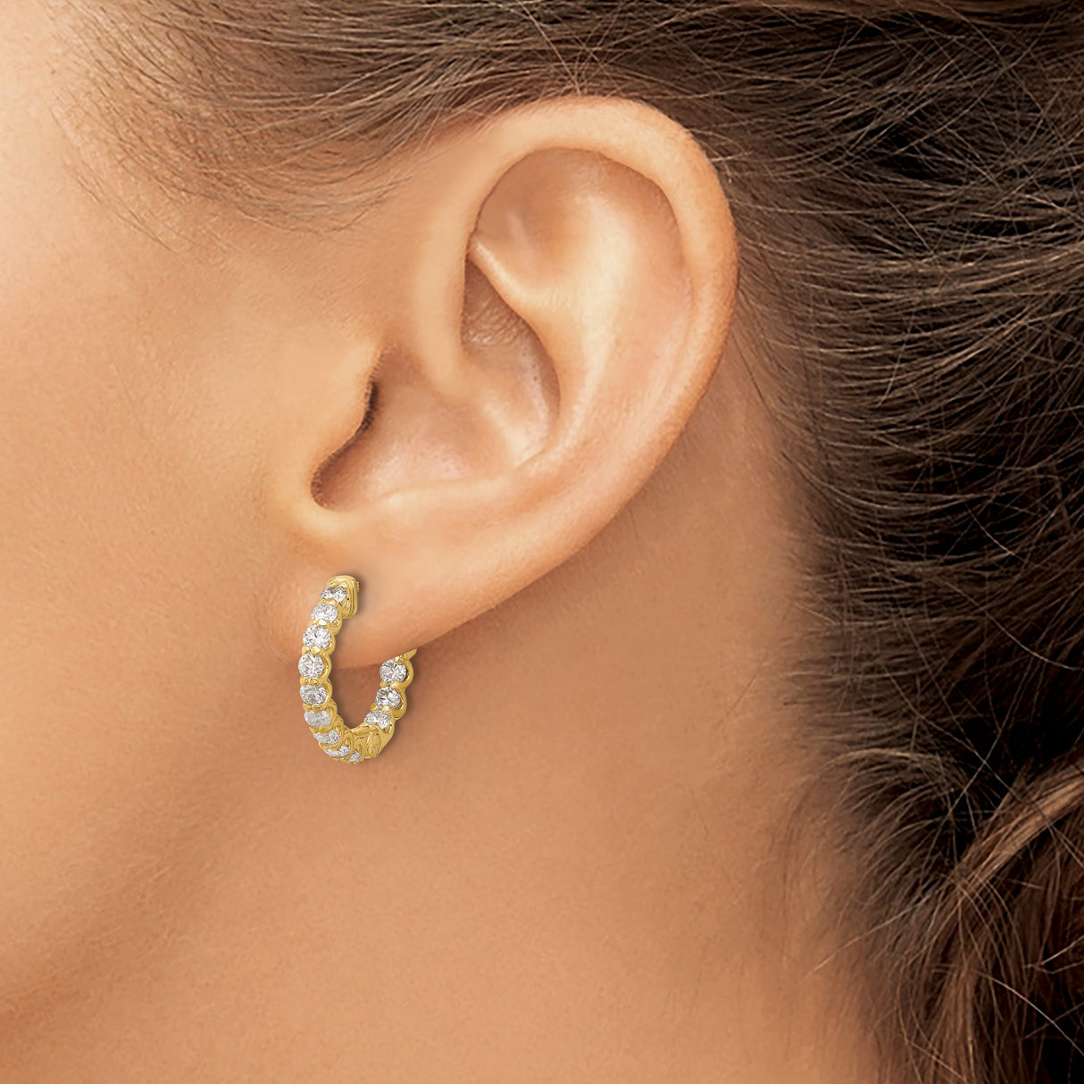 14k Yellow Gold Hoop Earrings with Round-Cut Diamonds, Shared Prong, Scroll Design