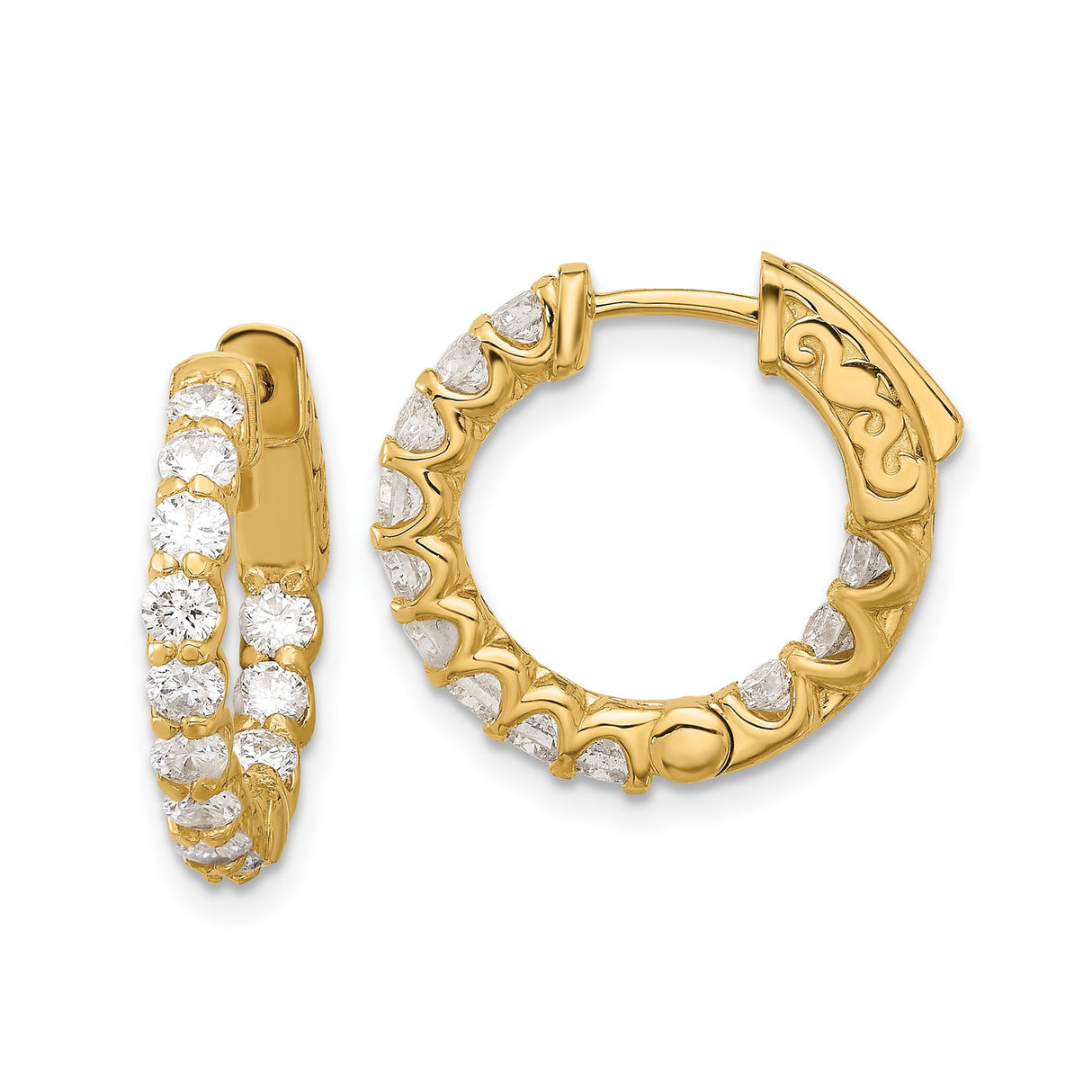 14k Yellow Gold Hoop Earrings with Round-Cut Cubic Zirconia, Shared Prong, Scroll Design