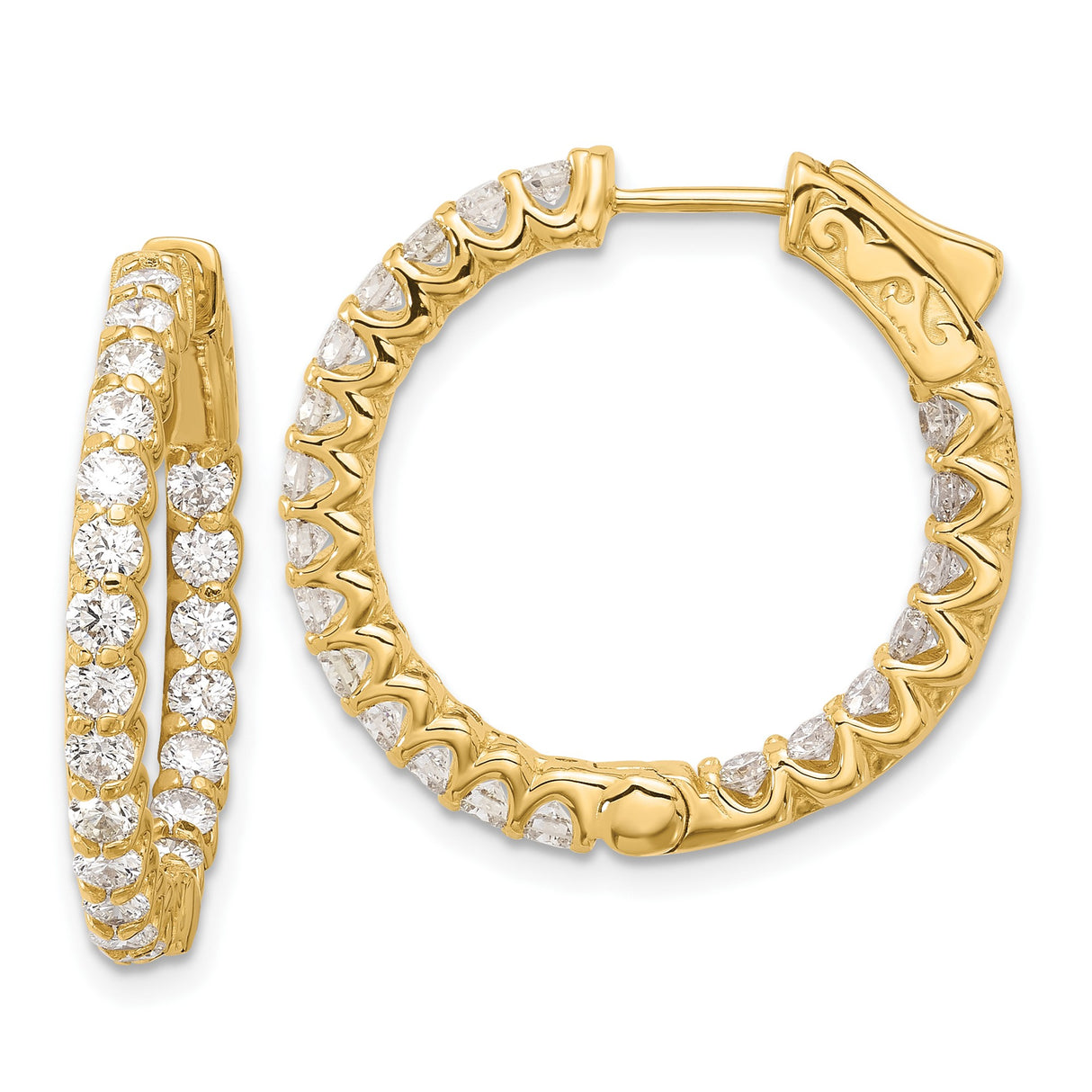 14k Yellow Gold Hoop Earrings with Cubic Zirconia, Inside-Out Prong Set Style for Women