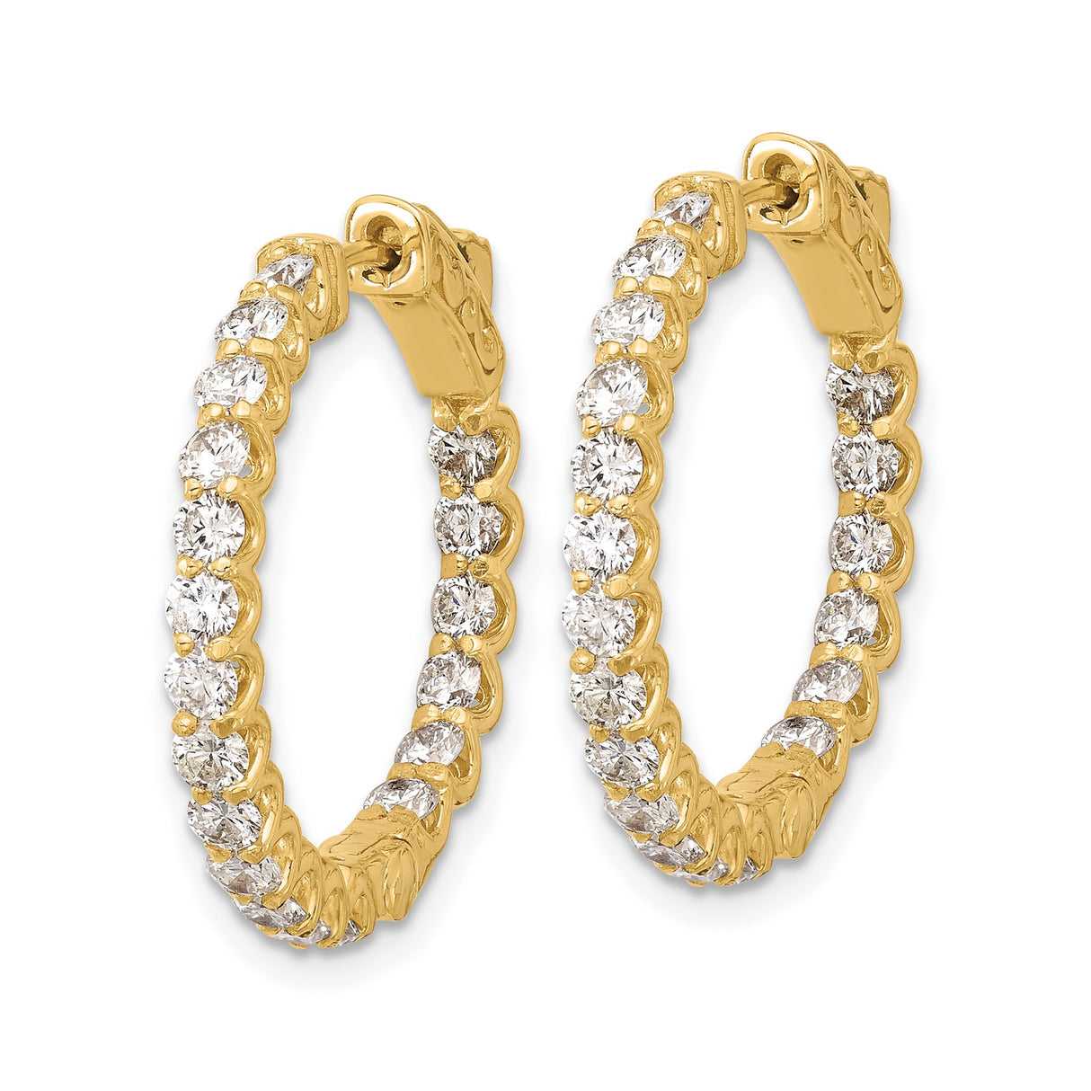 14k Yellow Gold Hoop Earrings with Diamonds, Inside-Out Prong Set, Scroll Design