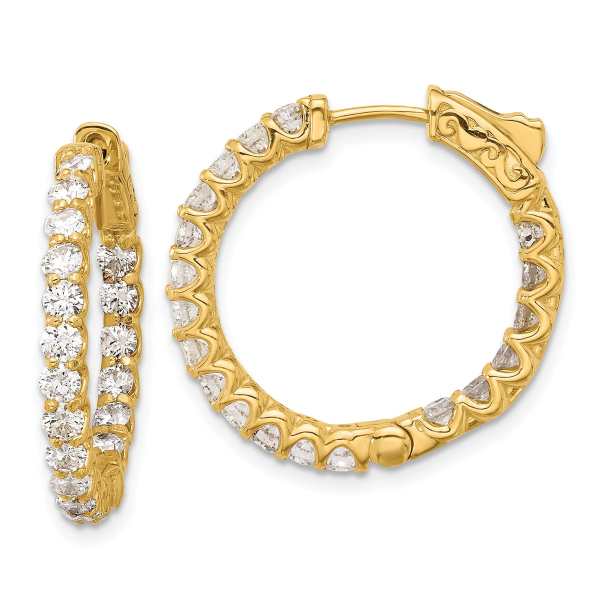 14k Yellow Gold Inside-Out Hoop Earrings with Round Cut Diamonds, Secure Clasp Design