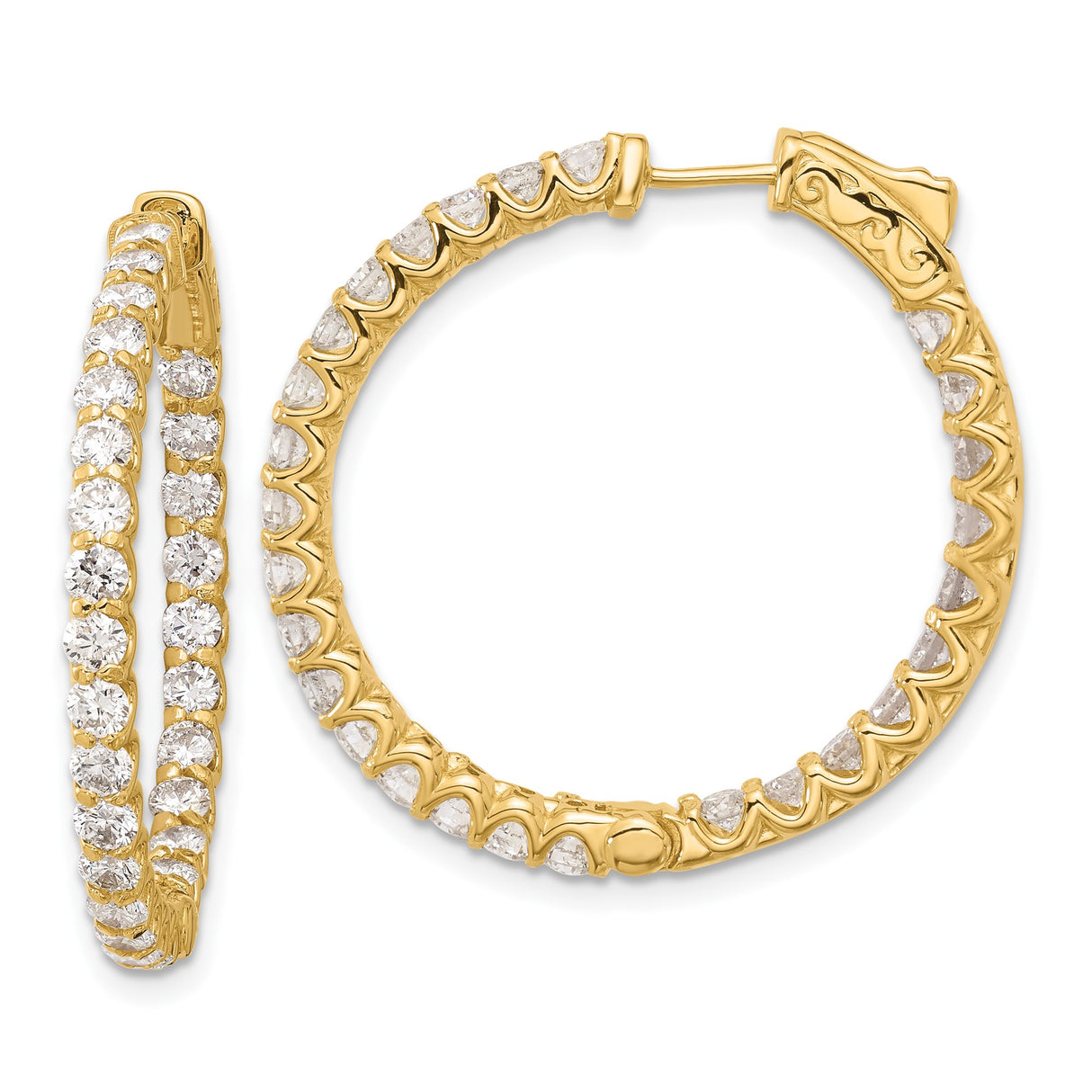 14k Yellow Gold Hoop Earrings with Cubic Zirconia, Inside-Out Full Circle Design for Women