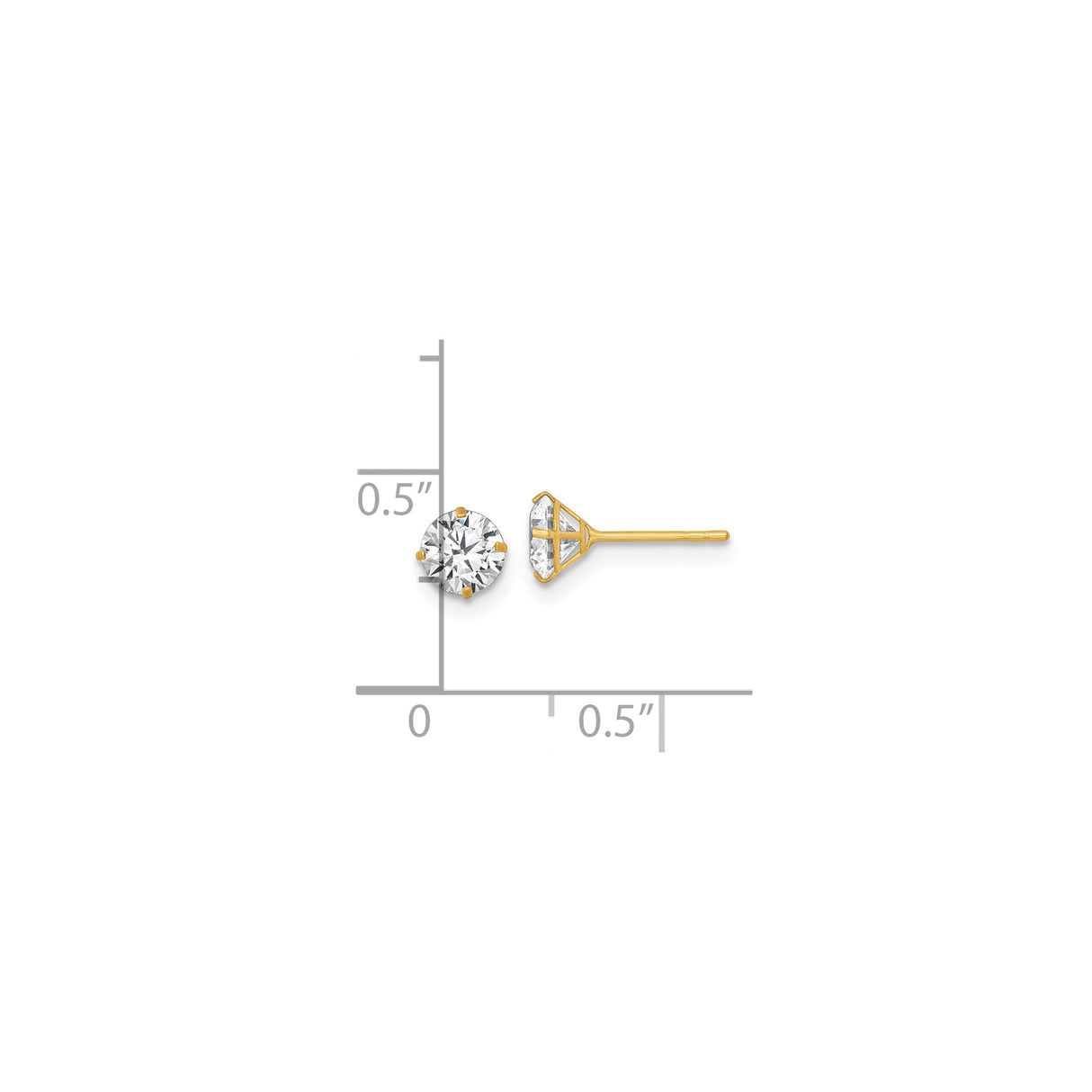 14k Yellow Gold Stud Earrings with Round Cut Cubic Zirconia, Solitaire Minimalist Style