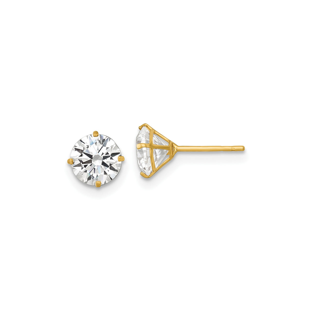 14k Yellow Gold Stud Earrings with Round Cubic Zirconia, Solitaire Prong Setting