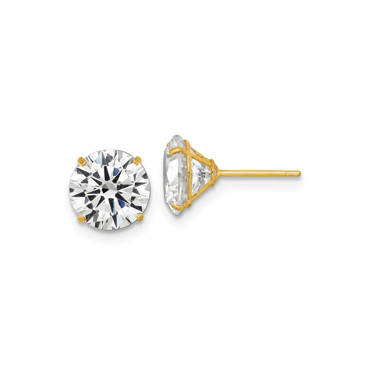14k Yellow Gold Stud Earrings with Round Cubic Zirconia, Classic Four Prong Setting